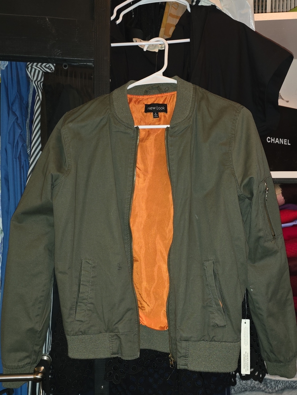 New Look Olive Green Bomber Jacket with Orange Lining